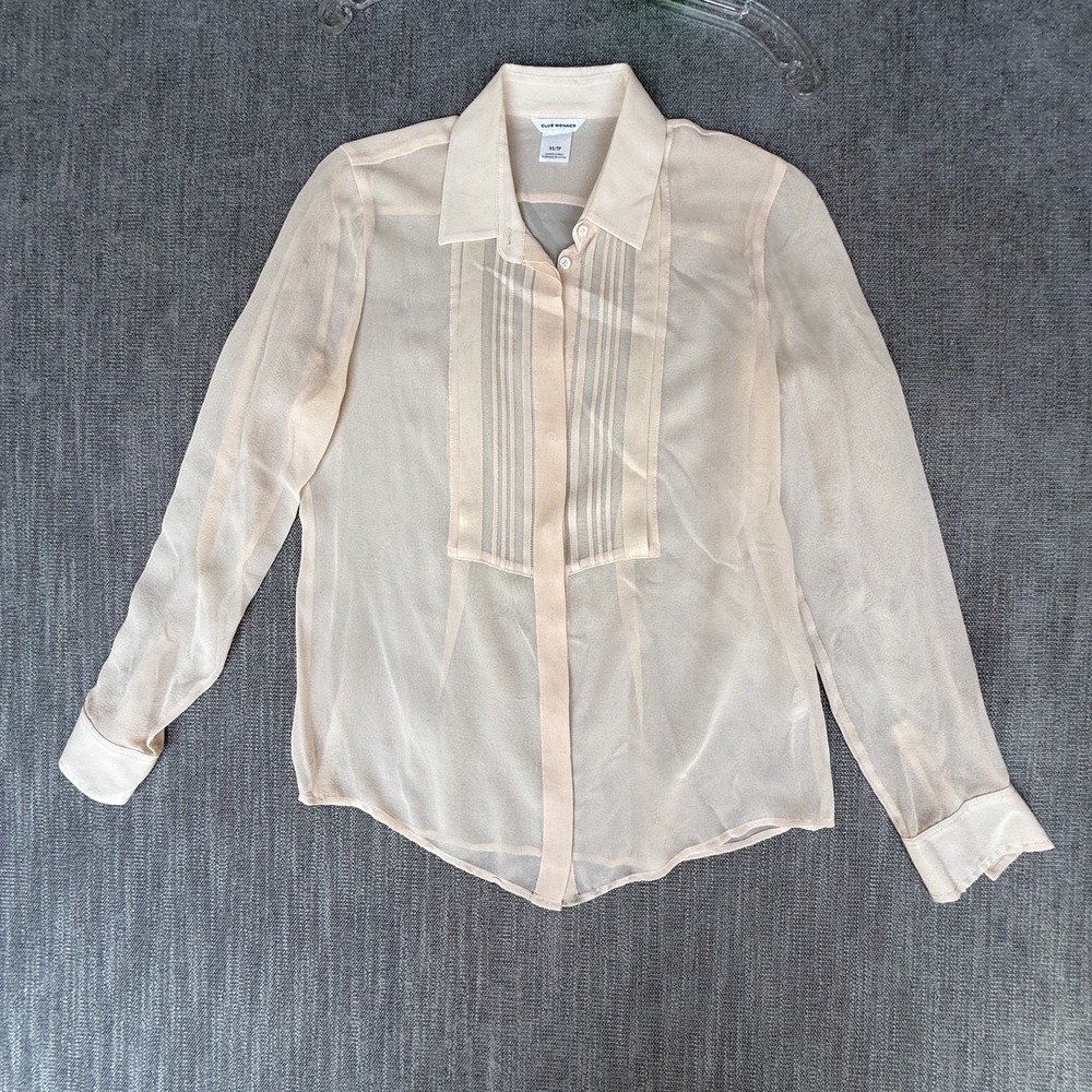 Club Monaco Shirt Top Womens XS Cream Silk Sheer Pleated Office Siren Button Up